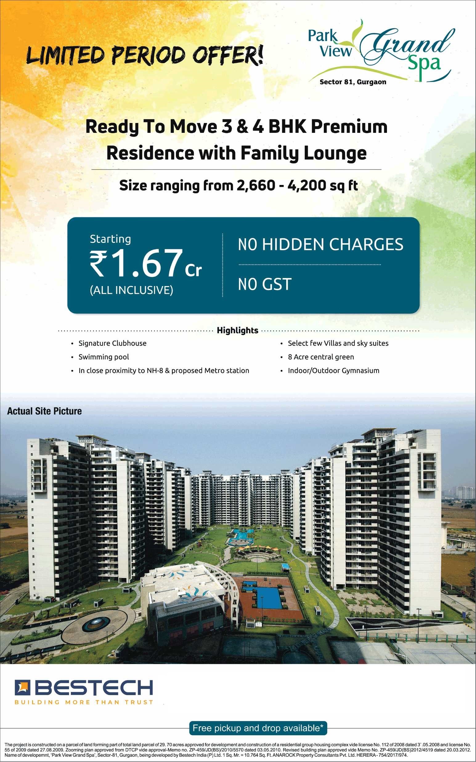 Ready to move 3 & 4 bhk premium residencies at Bestech Park View Grand Spa in Gurgaon